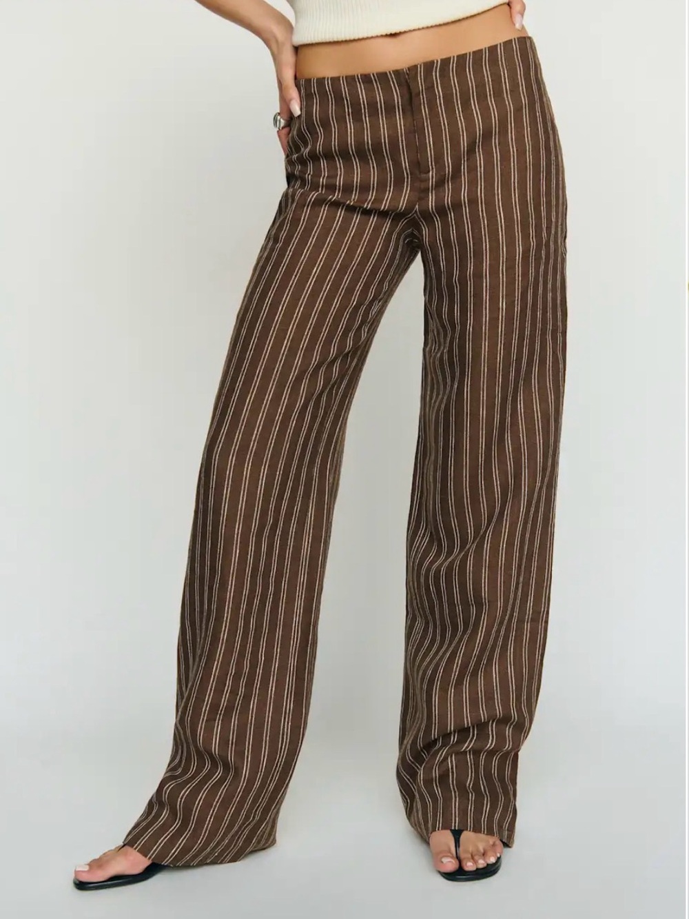 Reformation Vida Linen Pants - Brown with cream pinstripe
